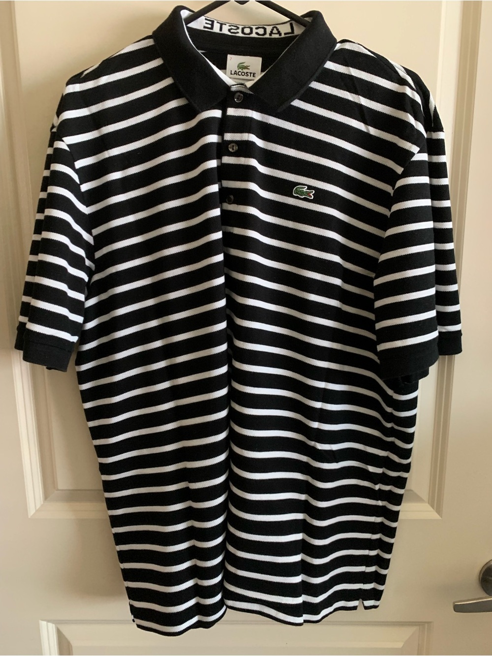 Lacoste Black and White Striped Polo Shirt with Crocodile Logo